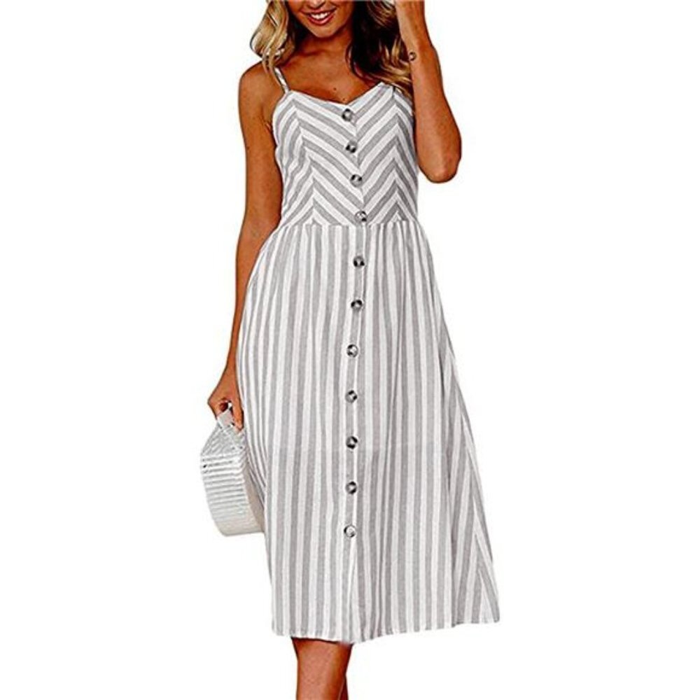 Women's Summer Spaghetti Strap Button Down Swing Midi Dress